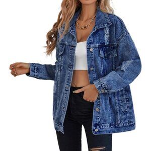 Women's Long Oversized Denim Jacket Ripped Distressed Jean Jackets Deep Blue